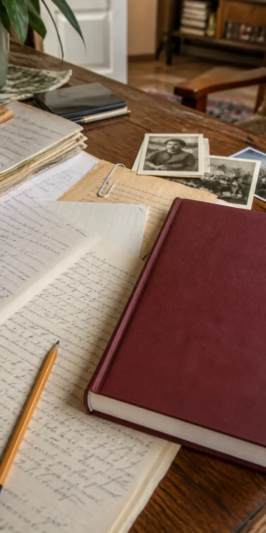 Manuscris vechi așezat lângă o carte tipărită cu copertă burgundy